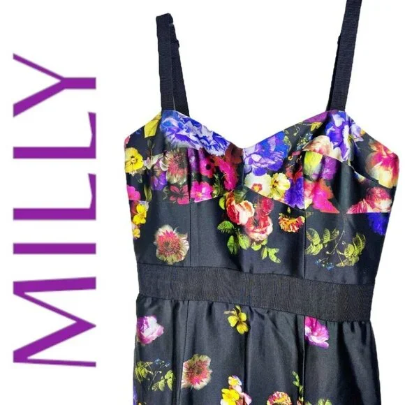 NWT MILLY Black Floral Print Strappy Bustier Sheath Square Neck Cocktail Dress 6